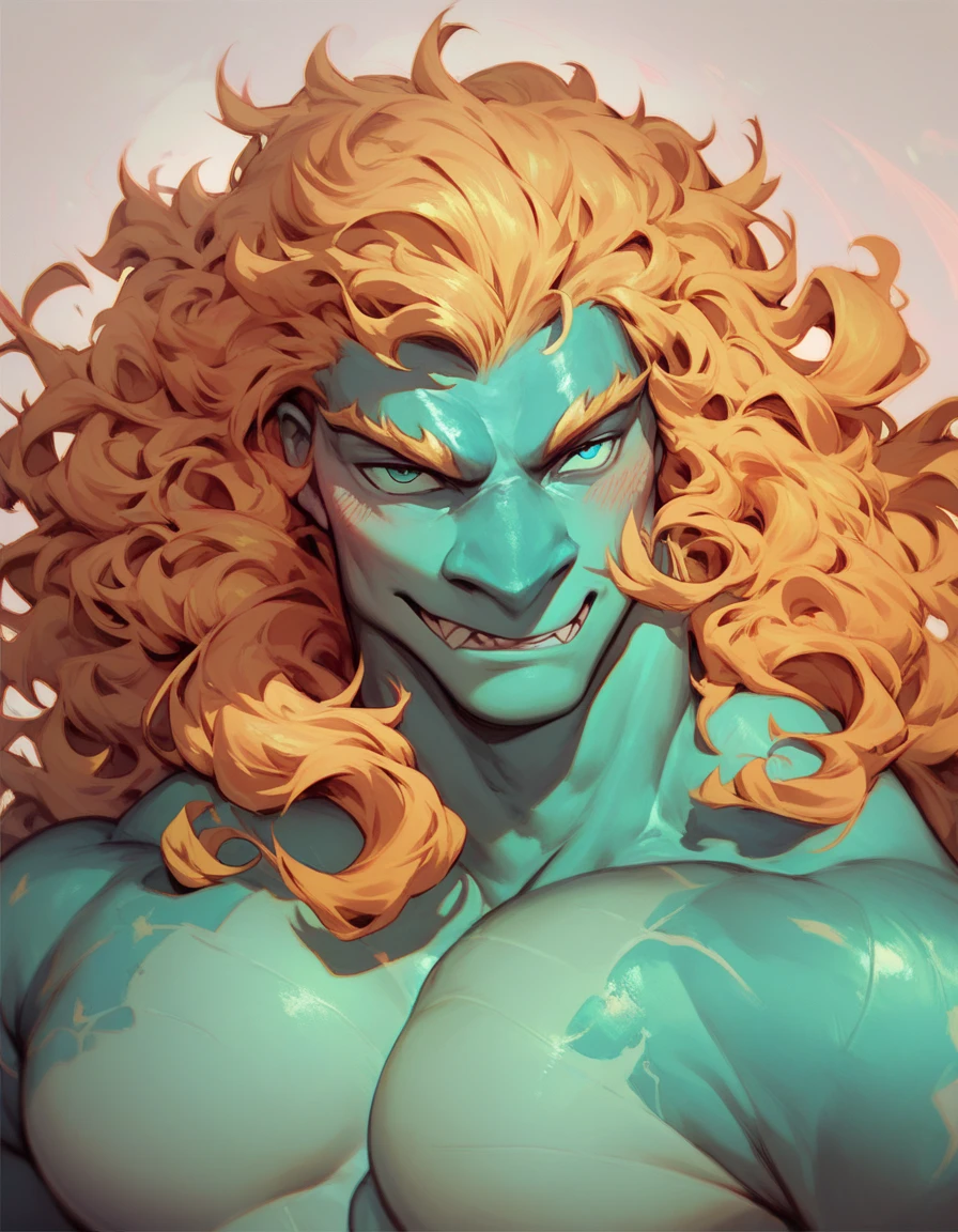 Sexy muscular creature with an opal stone on his forehead. He had light bluish turquoise skin. He has long wavy curly blonde hair. He has two sets of eyes, one right above the other.