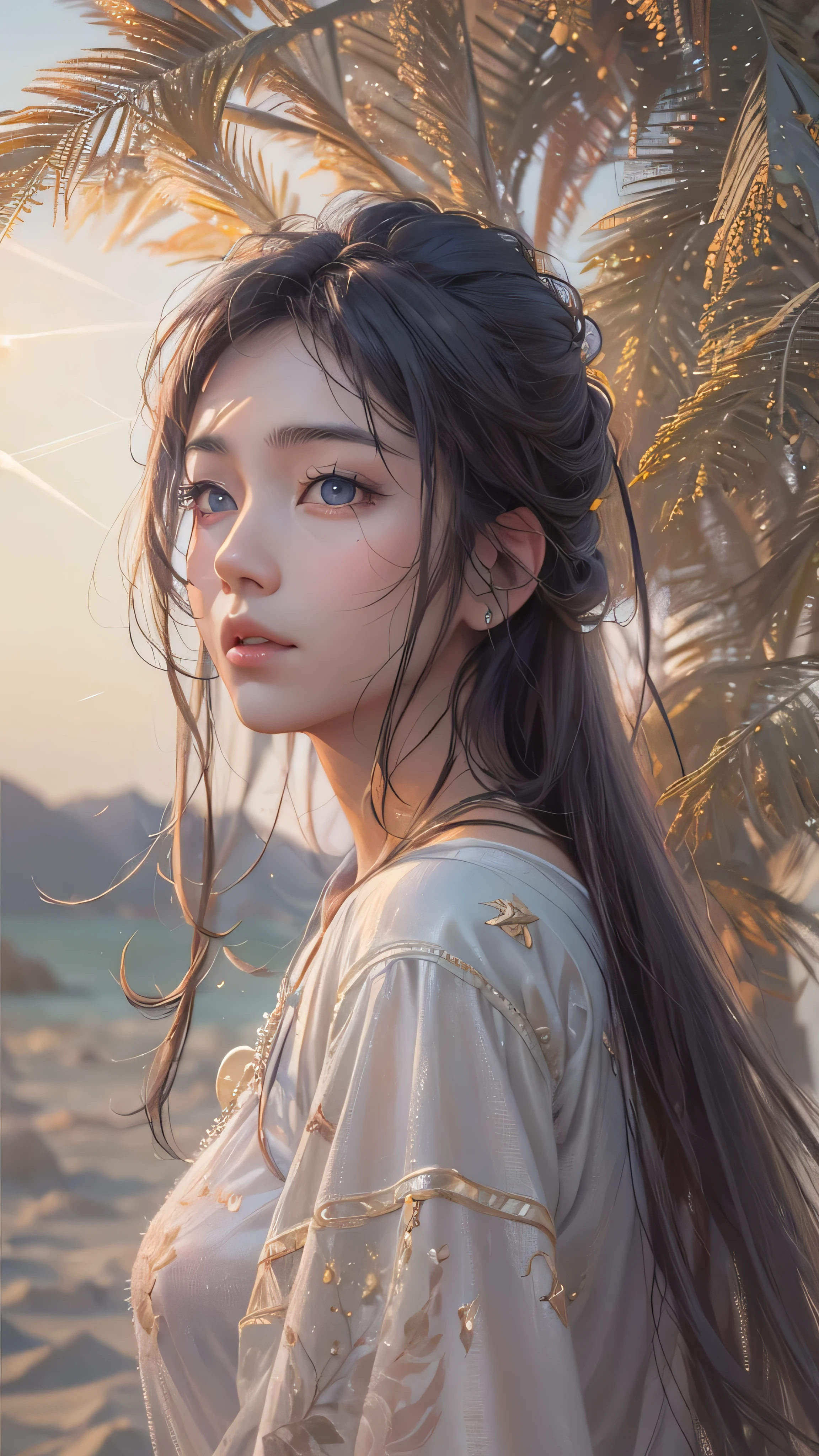 ( RAW photos ,  top quality ),(oil painting - realistic :1.3), top quality , very detailed,masterpiece, ultra detail, illustration, 1 girl,upper _body,dynamic angle,world masterpiece theater,Messy_length_hair, top quality ,  very detailed CG Unity 8k wallpaper ,ink, amazing on the beach, cinematic lighting,lens_Flare,dunhuang_ style for stilets,