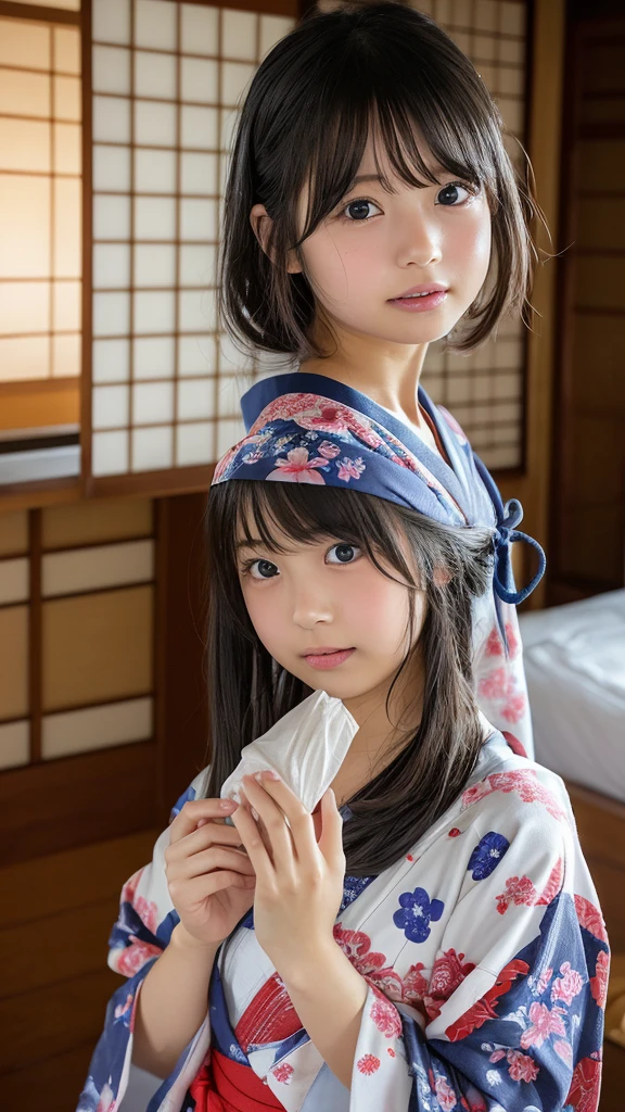 ((man and woman images))、Father holding his 8-year-old daughter on his lap, sheer yukata kimono, 、((Opening the front of the yukata reveals a flat chest..))..((father puts his hand on his daughter's chest'Touching her breasts while wearing a yukata.));、(((Flat and small chest)))father puts his hand on his daughter'Show off your thighs;My daughter is half naked