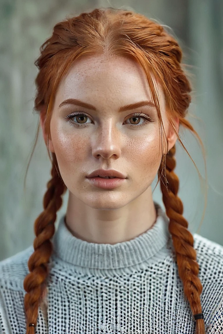 A tall young girl . 22 years old.  red hair , wavy,  is braided in a low ponytail . She has sharp cheekbones ,  perfect clean soft pussy ,  a heavy and confident look.  The birthmark under her right eye . in the style of realism. 