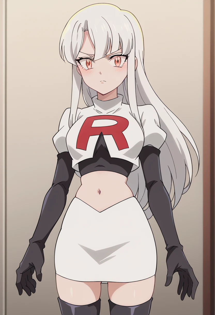 score_9, score_8_up, score_7_up, source_anime, machina solege, long hair, bangs, pink eyes, white hair, medium breasts, anime screencap,, blush, looking at viewer, solo,, team rocket,team rocket uniform,white skirt,red letter R,crop top,black thigh-highs,black elbow gloves, cowboy shot