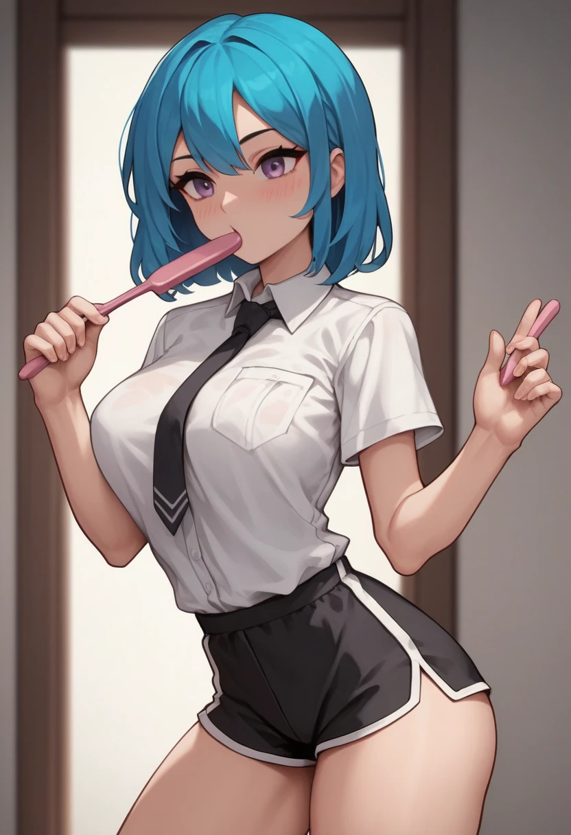 Young girl with blue hair,short straight hair and short bangs (purple eyes),, ((small bushy eyebrows)), wearing gothic lolita clothing, lolicon , large breast, breasts out of blouse, walking to school, bored look, bored face, , suddenly having sex in public, ((doggy style sex)), ((public sex in a restaurant)) naked ass in the male crotch, perfect anatomy, young boy fucking her