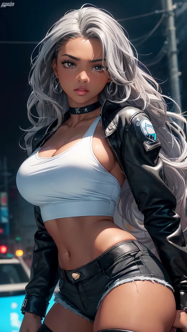 (in 8K、A high resolution、Best Quality、 masuter piece、unreal engine、amine、top-quality、From the thighs up:1.2),(Natural Skin Texture、Detailed skin、Beautiful skin、ultra sharpness),intricate detailes、Extraordinary beauty,(((high breasts,voluptuous body、1 cute woman,20 to 25 years old,adult lady,Height 5'9",))),(an extremely cute and beautiful face:1.2),(((big eyes,sharp eyes,empty eyes,eye bags,eyelash extension,Silver hair,blunt bangs,hime cut,long hair,bare midriff look))),(solo:1.6),(light-dark skin:1.4),(micro t-shirt,shorts:1.4),((black eyeshadow, dark red lipsticks, strong eyelines)),(city,night:1.5),