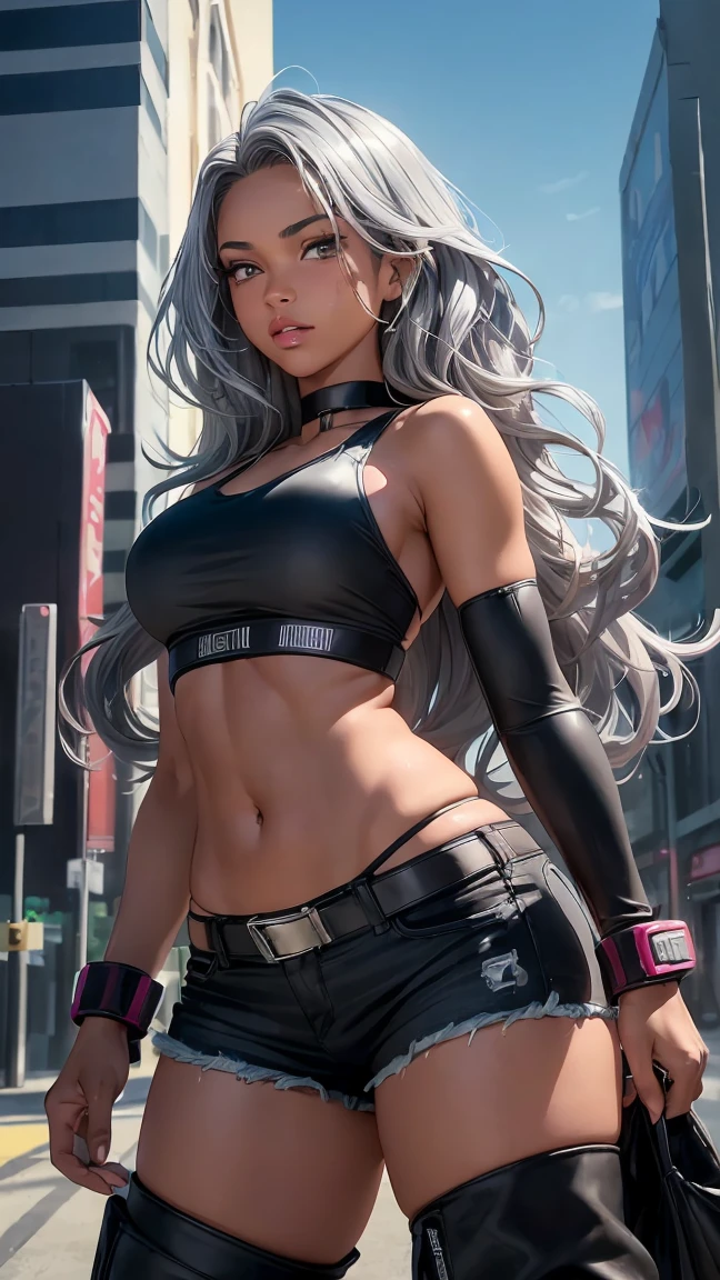 (masterpiece, best quality:1.37), ultra-detailed:1.37, hyper-sharp:1.37, anime style, An illustration of a female vampire bodybuilder, The female vampire bodybuilder is 2m tall and has a muscular build. A female vampire bodybuilder wears a tank top and a shorts, black coat, sunglasses, exposing her muscles. A female bodybuilder is standing in a night street under the red full-moon, seductive grin smile, vampire theeth, vampire fang, vampire style fashion,