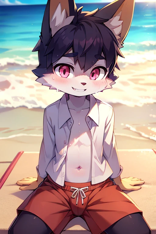 Little furry boy, cute face, fox ears, short hairstyle, detailed body, normal clothes, pink eyes, attractive smile, cinematic shot, lens aperture 1.4, background, beach, swimming trunks, open shirt, sweat, body sitting in front of a camera 