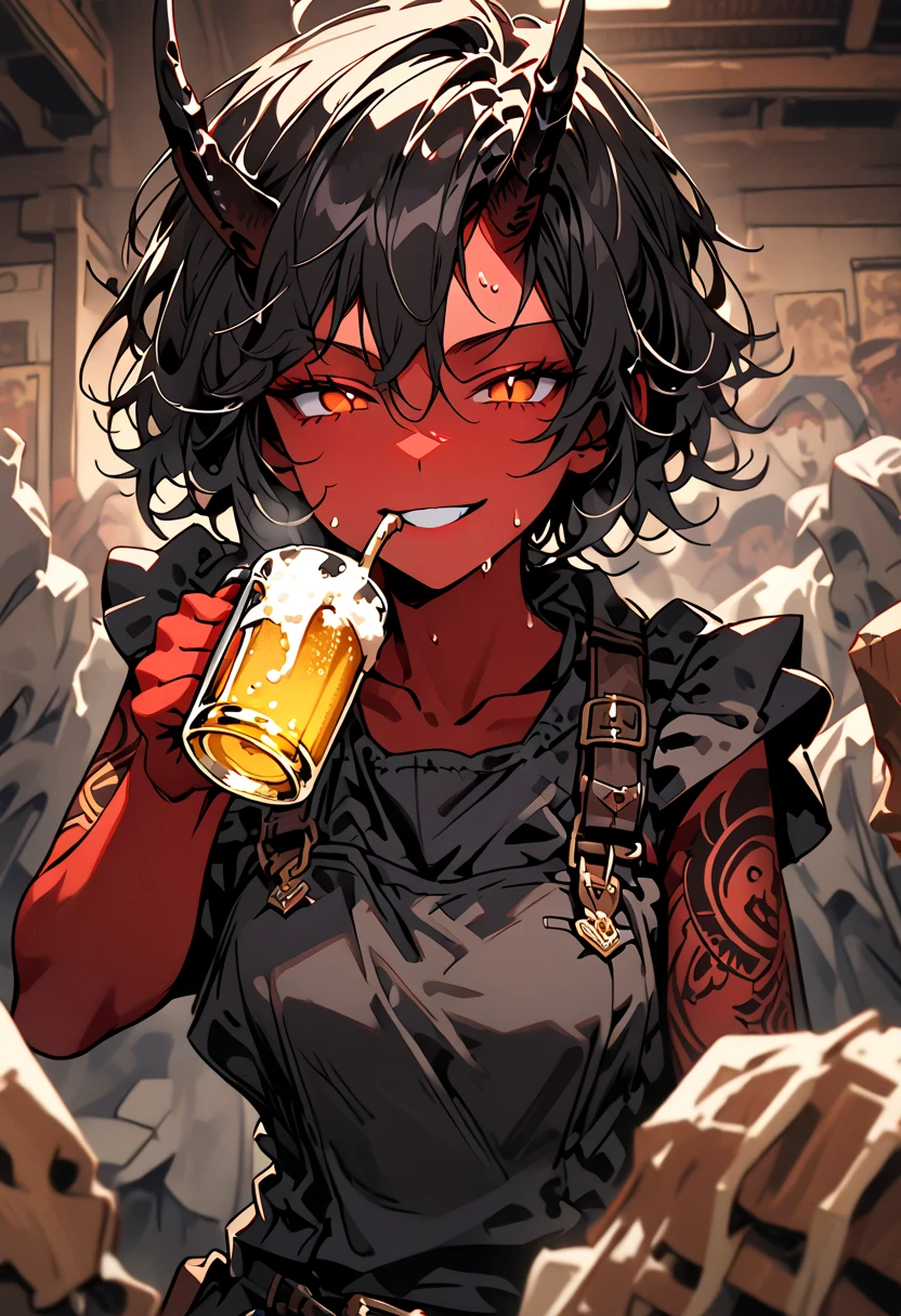 solo focus, female, oni, tomboy, attractive, close up, red skin, short black horns, orange eyes, slit pupils, short black hair, messy hair:0.3, snag tooth, black claws, tattoo, broad shoulders, stocky build, muscular, tight-fitting black tank top, working clothes, boots:0.3, Victorian era, bar, drinking, beer, bulky body, dark, indoors, grimy, wiping sweat, bronze buckle, towel, exhaling, resting, wide smile, faceless crowd:0.3, looking at viewer, half-closed eyes