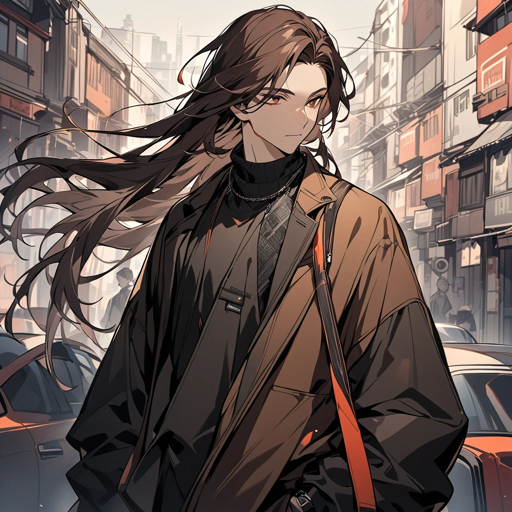 Create an artwork of a male human character with long hair blending deep red and dark brown colors. His skin should have dark brown tone. He should be dressed in a contemporary urban outfit, featuring modern and stylish elements. The character should exude a sense of confidence and charisma. The artwork should focus on smooth, detailed lines, capturing the texture of his hair and the fabric of his clothing. The background should be minimalistic to ensure the character stands out prominently."