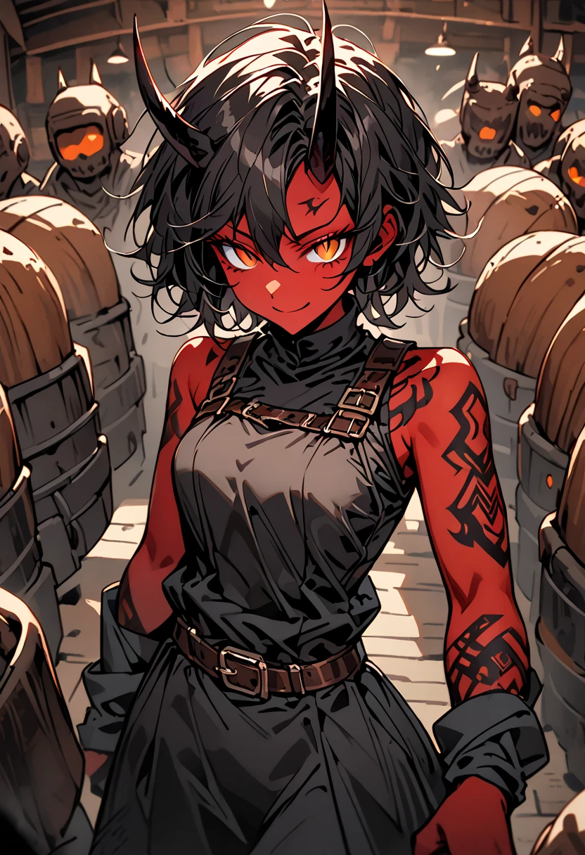 solo focus, female, oni, tomboy, attractive, close up, red skin, short black horns, orange eyes, slit pupils, short black hair, messy hair:0.3, snag tooth, black claws, tattoo, broad shoulders, stocky build, muscular, tight-fitting black tank top, working clothes, boots:0.3, Victorian era, bar, huge beer mug, bulky body, dark, indoors, grimy, bronze buckle, wide smile, faceless crowd:0.3, looking at viewer, half-closed eyes