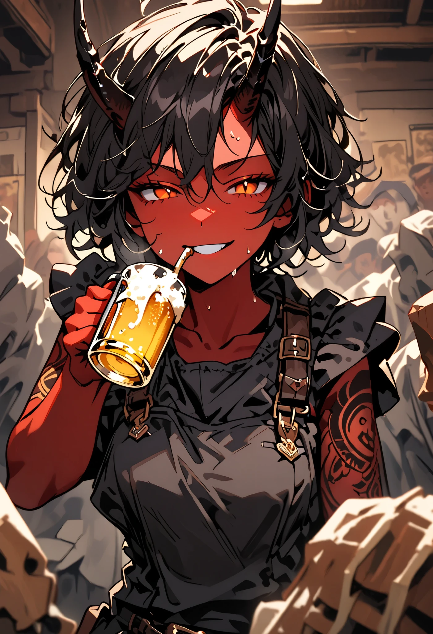 solo focus, female, oni, tomboy, attractive, close up, red skin, short black horns, orange eyes, slit pupils, short black hair, messy hair:0.3, snag tooth, black claws, tattoo, broad shoulders, stocky build, muscular, tight-fitting black tank top, working clothes, boots:0.3, Victorian era, bar, drinking, beer, bulky body, dark, indoors, grimy, wiping sweat, bronze buckle, towel, exhaling, resting, wide smile, faceless crowd:0.3, looking at viewer, half-closed eyes