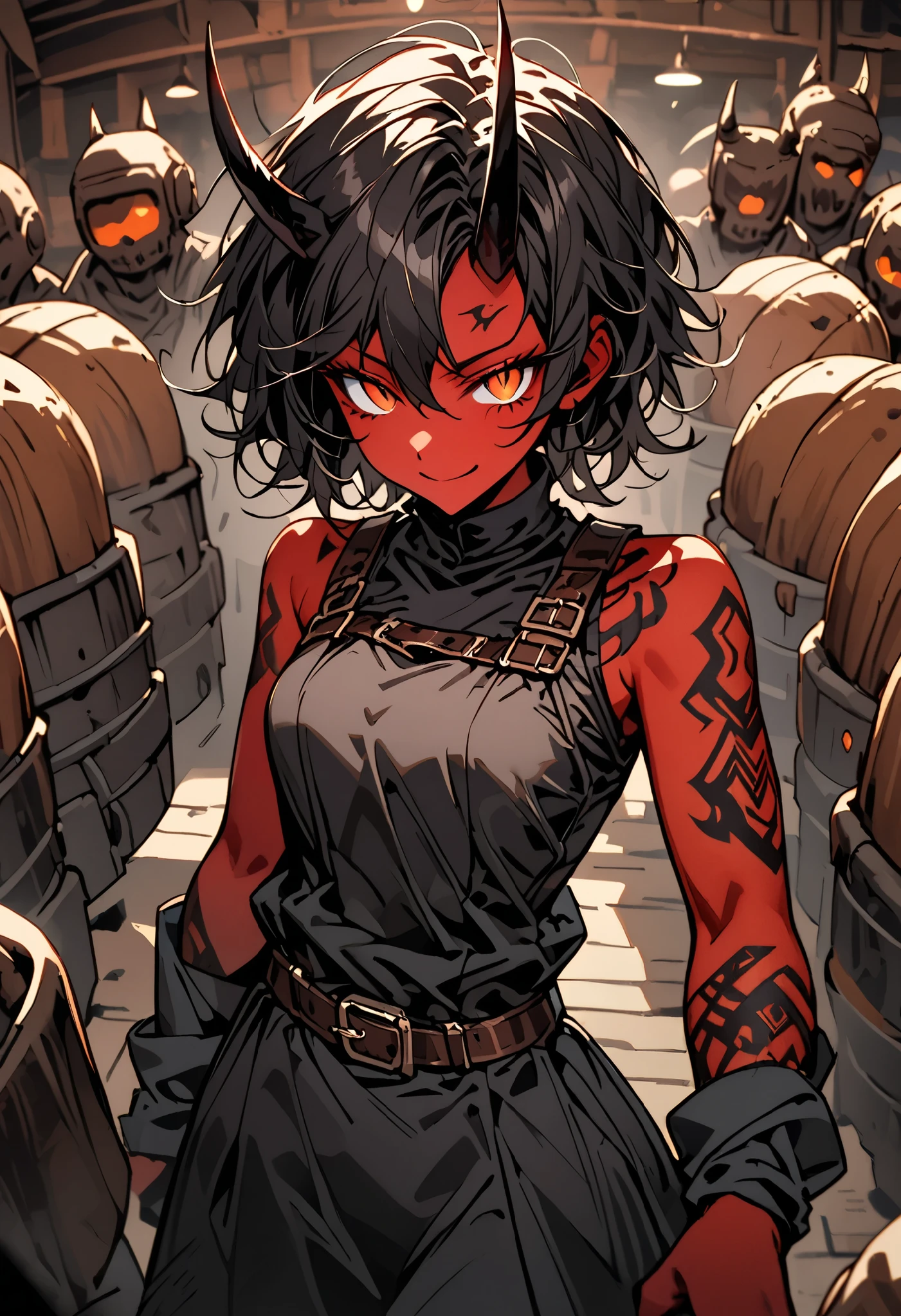 solo focus, female, oni, tomboy, attractive, close up, red skin, short black horns, orange eyes, slit pupils, short black hair, messy hair:0.3, snag tooth, black claws, tattoo, broad shoulders, stocky build, muscular, tight-fitting black tank top, working clothes, boots:0.3, Victorian era, bar, huge beer mug, bulky body, dark, indoors, grimy, bronze buckle, wide smile, faceless crowd:0.3, looking at viewer, half-closed eyes