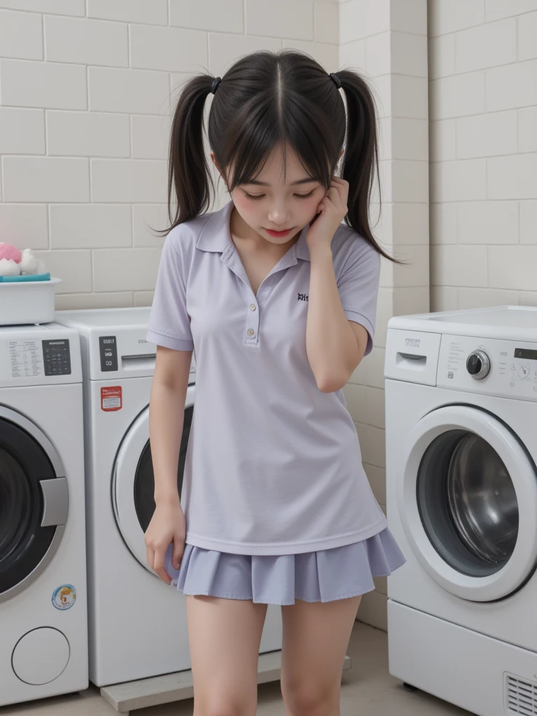 masterpiece,    Top Quality  ,  illustration,    super detailed  ,  details,   high-resolution , 8K,wallpaper,   perfect dynamic configuration ,(Detailed and high quality ,   realistic depiction of kissing eyes in a laundry room:1.3),  Standing, ( Polo shirt with collar),  Pleated Skirt,  Over the knee socks,  Twin ponytails,   In the background,  Go deep into the field ,  Big Boobs ,  Black Hair,  Natural lip color ,   full lips, Lipstick, (cosmetic), ( Finish), Cried a little、 Harajuku style、 20-year-old girl 、  cutest female type 、 beautiful legs,  Idol carving