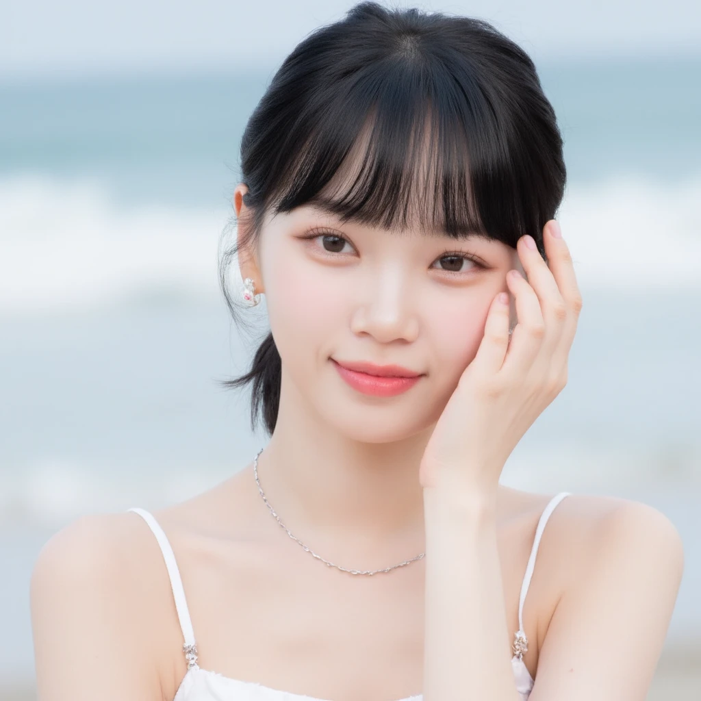  white skin，naked，completely naked， She has a bomshell body and 、  、 Go to  ,        pretends to be a fashion model but turns pale, (    Beach    ),     Beautiful details   ,  face ,   high definition   , whole body