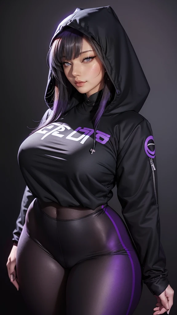 1girl,huge breast,blonde brown hair,short hair, purple jacket,black pants,