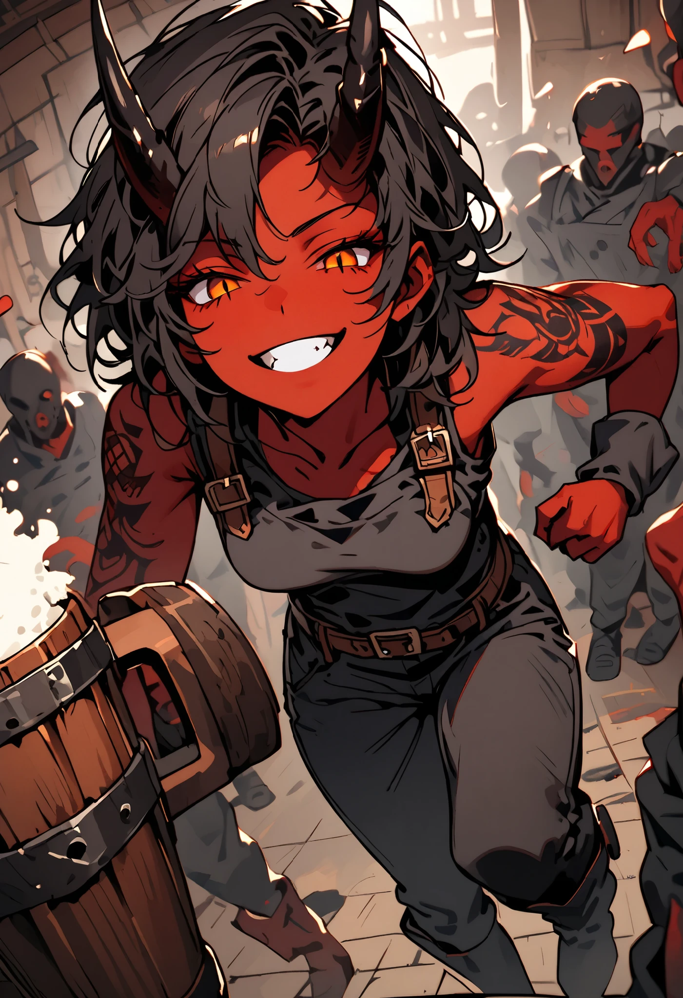 solo focus, female, oni, tomboy, attractive, close up, red skin, short black horns, orange eyes, slit pupils, short black hair, messy hair:0.3, snag tooth, black claws, tattoo, broad shoulders, stocky build, muscular, tight-fitting black tank top, working clothes, boots:0.3, Victorian era, bar, holding large beer mug, bulky body, dark, indoors, grimy, bronze buckle, wide smile, faceless crowd:0.3, looking at viewer, half-closed eyes