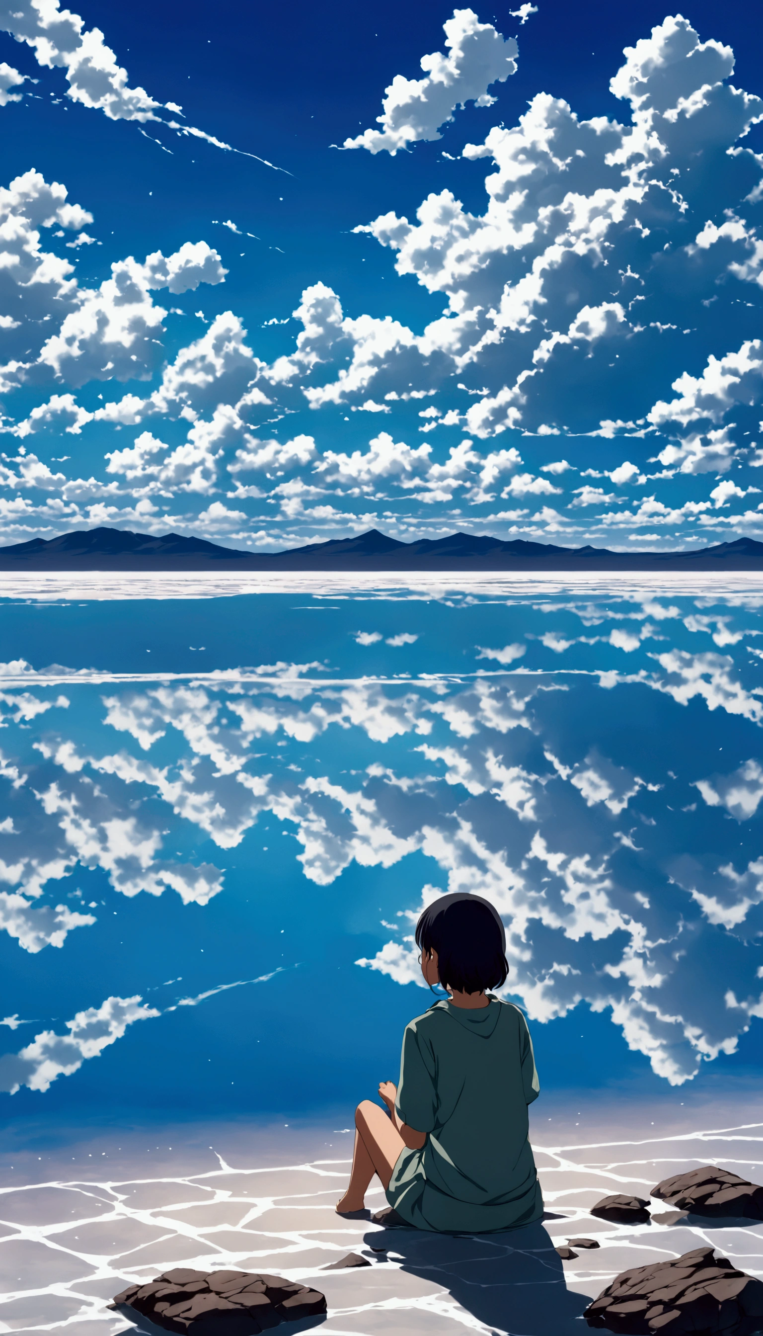 Draw a simple art in Tintinpixai style, a sitting on the shore of a large body of water with clouds in the sky, in the Uyuni salt flat, amazing sky reflections, crystal clear clouds, amazing reflections, beautiful reflection, awesome photo, epic and stunning, crossing the blue horizon, beautiful anime peace scene, anime-realistic, anime-realistic !!!!!!!!! nostalgic anime art background, Makoto Shinkai!!, anime movie background the best of seaart hd 8k