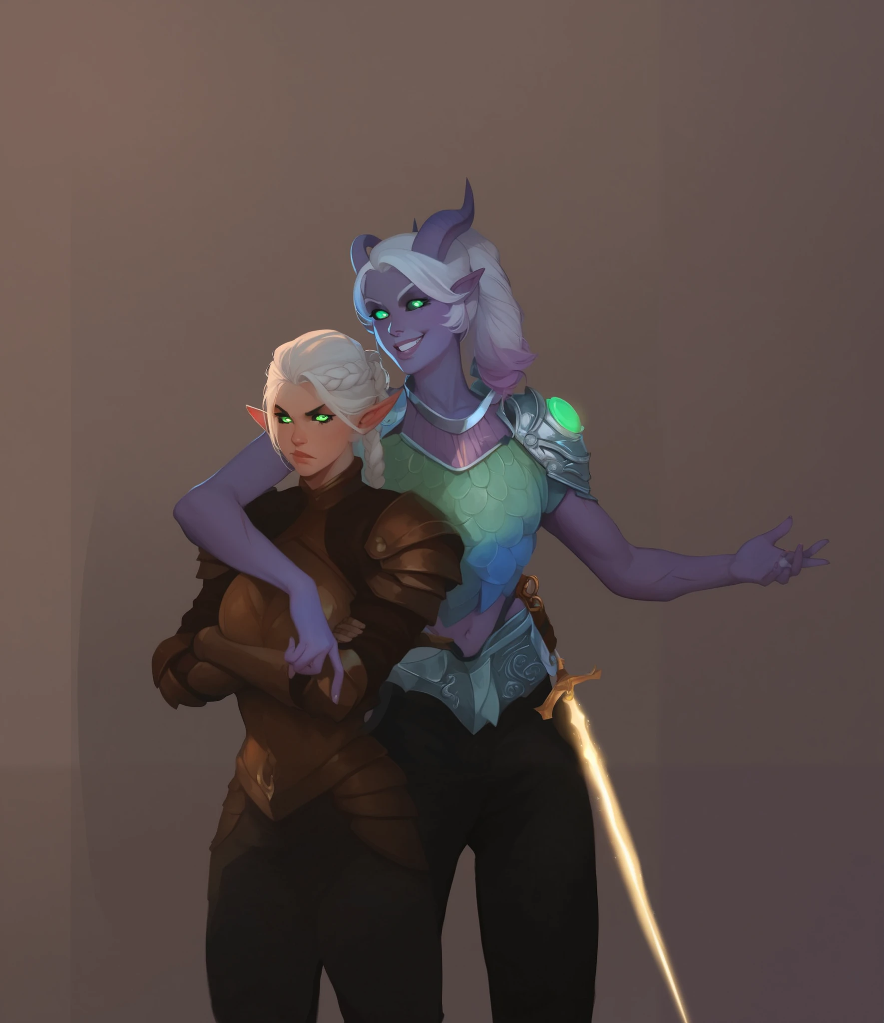 A female elf with white hair, braided behind her. Wearing light clothing armor, arms crossed, annoyed playful expression. Behind her is a Tiefling with purple skin, she has curly white hair with purple highlights and is styled into a high ponytail. She has glowing emerald green eyes with black sclera. She has quite a few scars on her face and across her body, alongside one of her horns practically almost gone (think karlach from bg3). Wearing a colorful scaled armor vest and black pants. here is a glowing sword sheathed at her waist. Smiling and playful, one of her arms is over the elf.
Dnd artstyle, digital art, 8k resolution, stunning. 