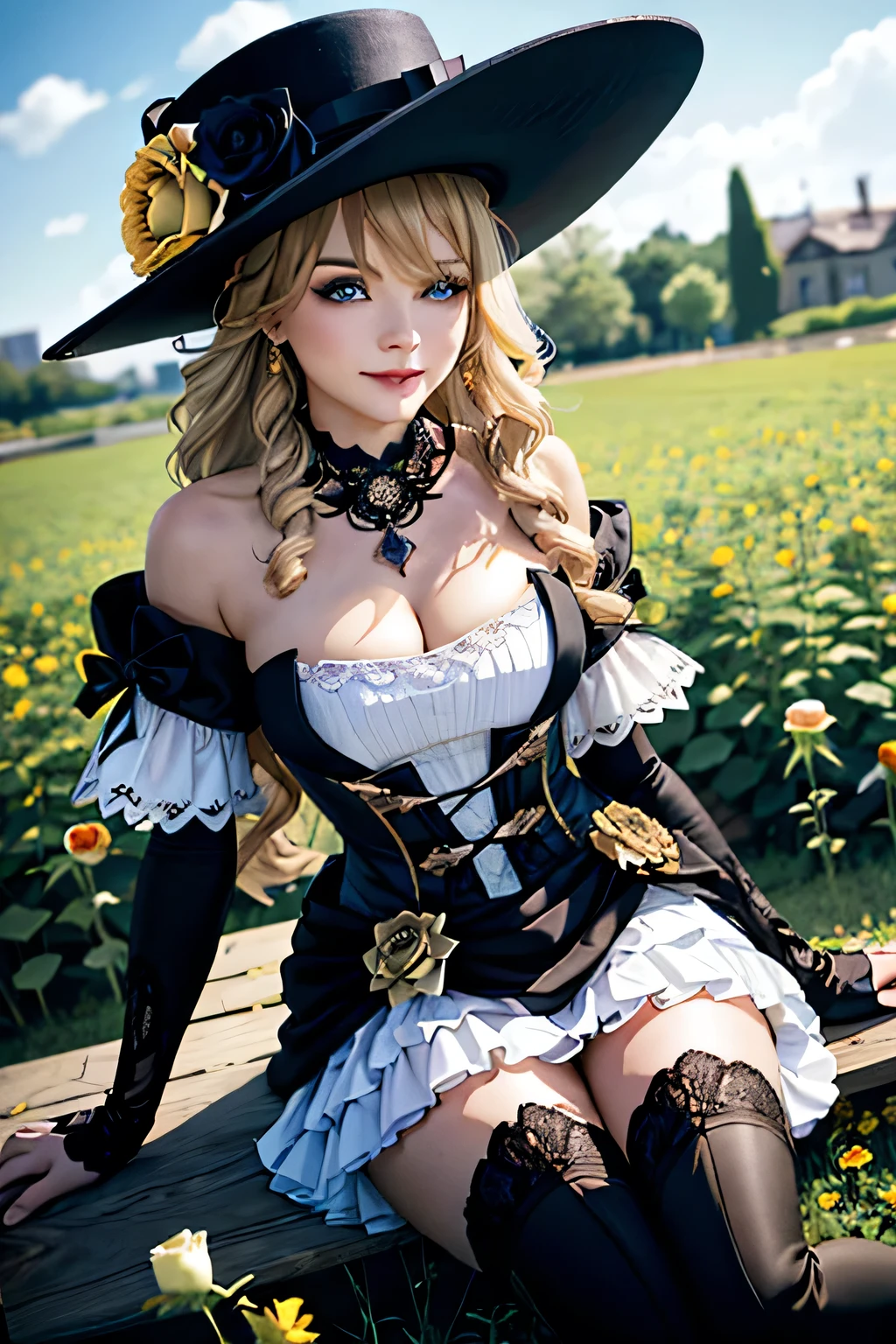 1 girl, Návia \(Impacto Genshin\), alone, ((Field with flowers with a rose in hand)),((Illustrations, Artgerm )),(Really, sense of reality:1.4),( perfect lighting , lententos, artgerm highlighted collar), fancy hat, thigh boots, highlighted sleeves , single glove, strapless dress, extremely detailed , saia showgirl, collar, waist layer, smile, shot of cowboy , sitting, outdoor, depth of field , ((Opening: f/2.0)), (( depth of field : Average)), ((Angle of 3/4)), ((Spring: grande-angular de 24mm)), (close-up:1.2)), (modern and sophisticated custom interior design, UHD), | pov view