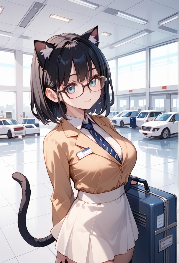 Black hair, cat ears, glasses, tail, airport, suitcase