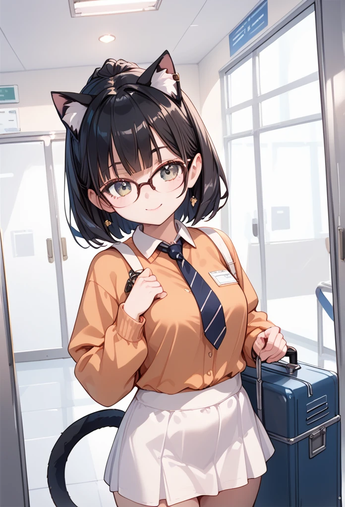 Black hair, cat ears, glasses, tail, airport, suitcase