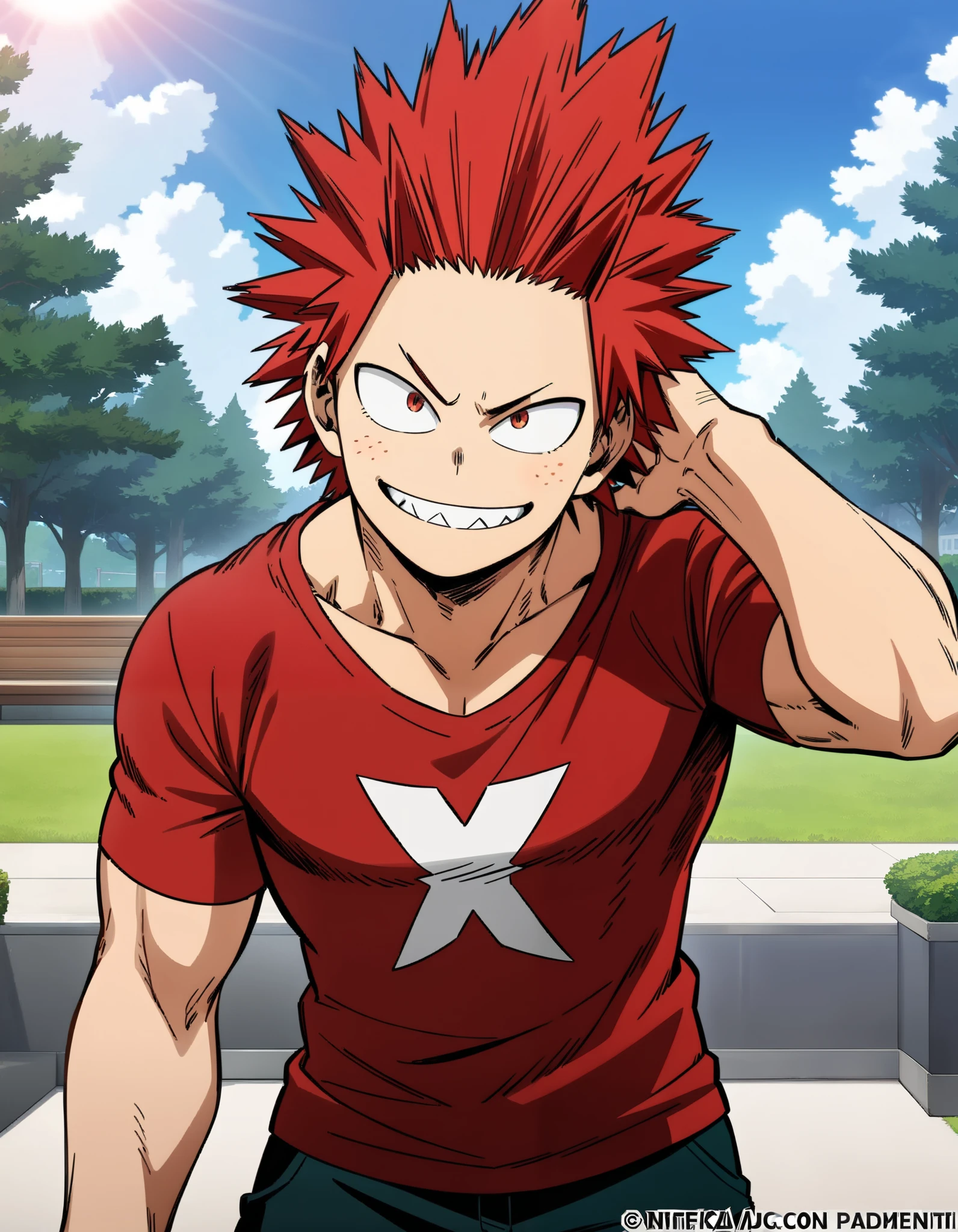 boku no hero academia, masterpiece, highest quality, Eijiro Kirishima, red hair, spiked hair, red eyes, sharp teeth, 1boy, solo, Kiri, smirk, looking at viewer, standing, red shirt, shorts, park, daytime, sky, sun, hand behind head, blush, official art, official style,