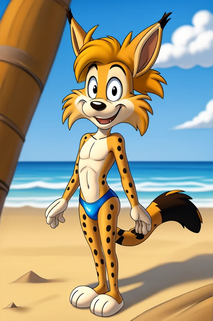 Lynx cartoon guy full length slim skinny in blue speedo on the beach with a happy face striped tail