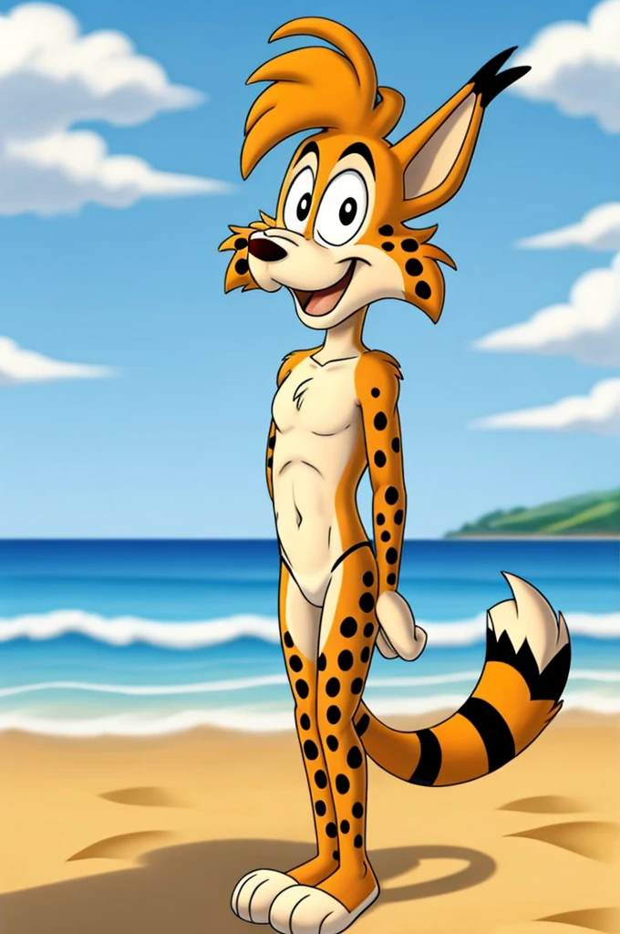 Lynx cartoon guy full length slim skinny in blue speedo on the beach with a happy face striped tail