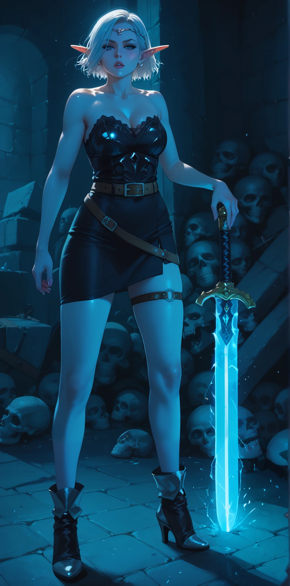  girl alone girl warrior,  in a damn dress with belts , the sword is stuck in the ground, The Sword Shines, magic, skull, world, ruin, lock, room,  Elf, swordsman , magic effects ,  short hair, world, armor, solo, alone in a room