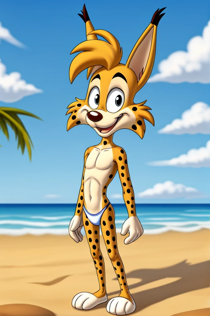 Lynx cartoon guy full length slim skinny in blue speedo on the beach with a happy face striped tail