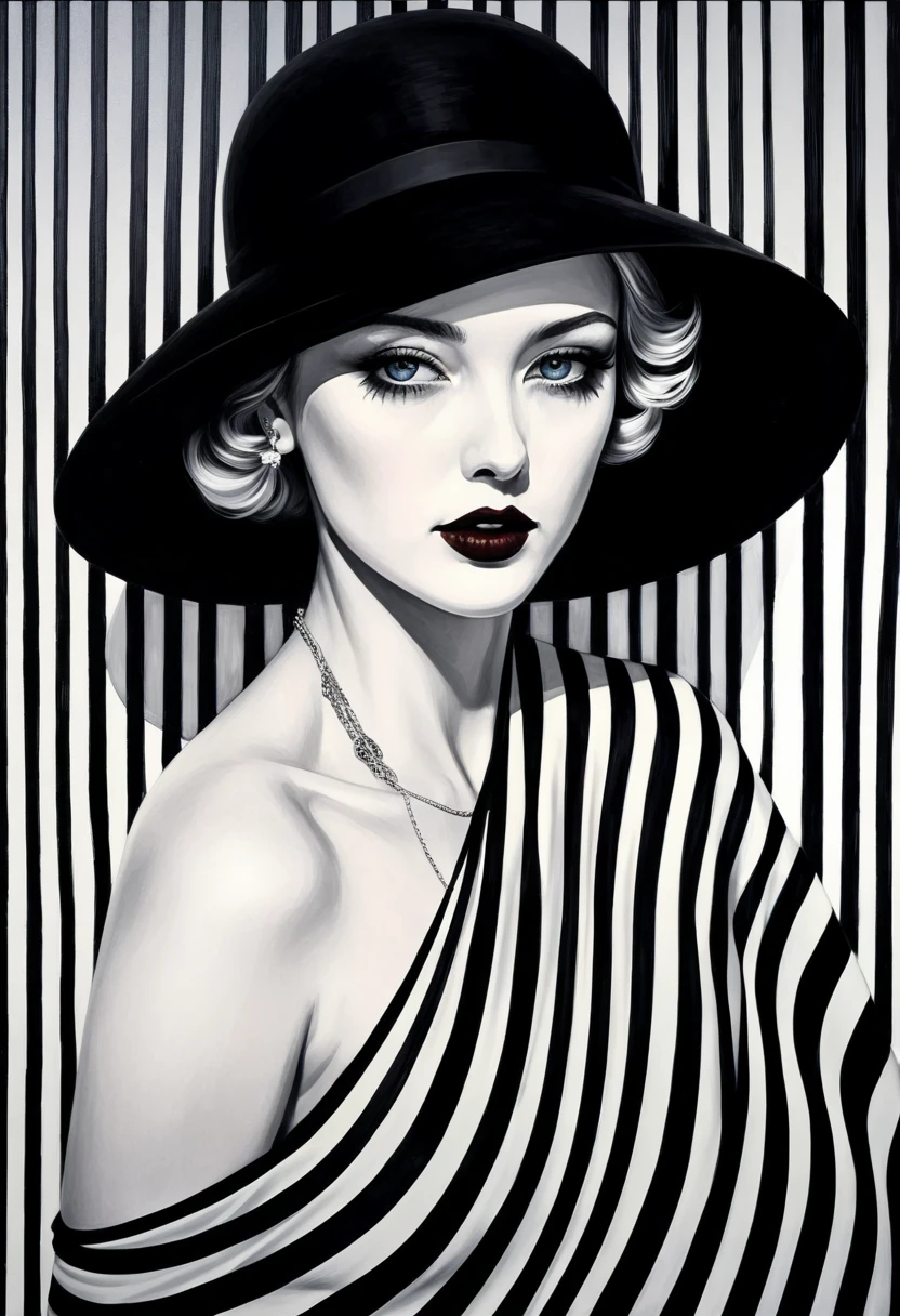  light-dark technique in a sensual illustration of an elegant girl with an elegant hat; Black and white barcode generates the captions , vintage beauty , scary, the flux-wrapped model, Thick Oil Painting, by Hannah Dale, By Harumi Hironaka,  extremely soft colors , vibrant,  very detailed ,  painting by Malcolm Liepke , oil on canvas,    high contrast , dramatic, refined, tonal, Create   high contrast  between light and shadow