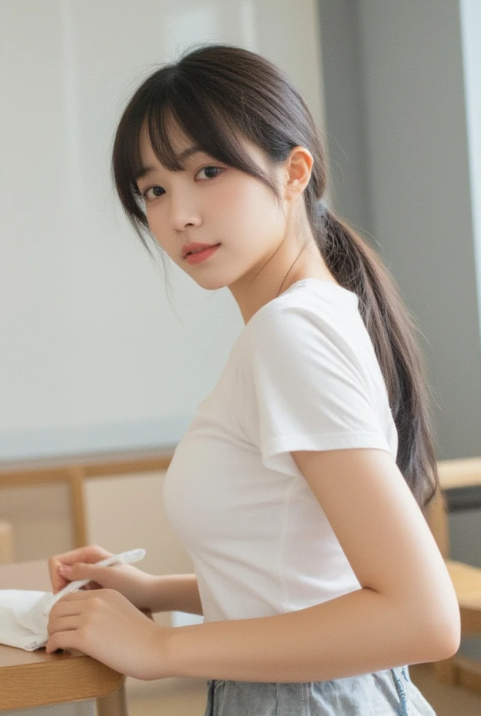 One Japanese beautiful girl、Young face、baby face、 miniskirt、 without makeup、 black hair、 ponytail、 white t-shirt、 small breasts、whole body、Classroom after school in the evening、 is short、smile、 and turn around