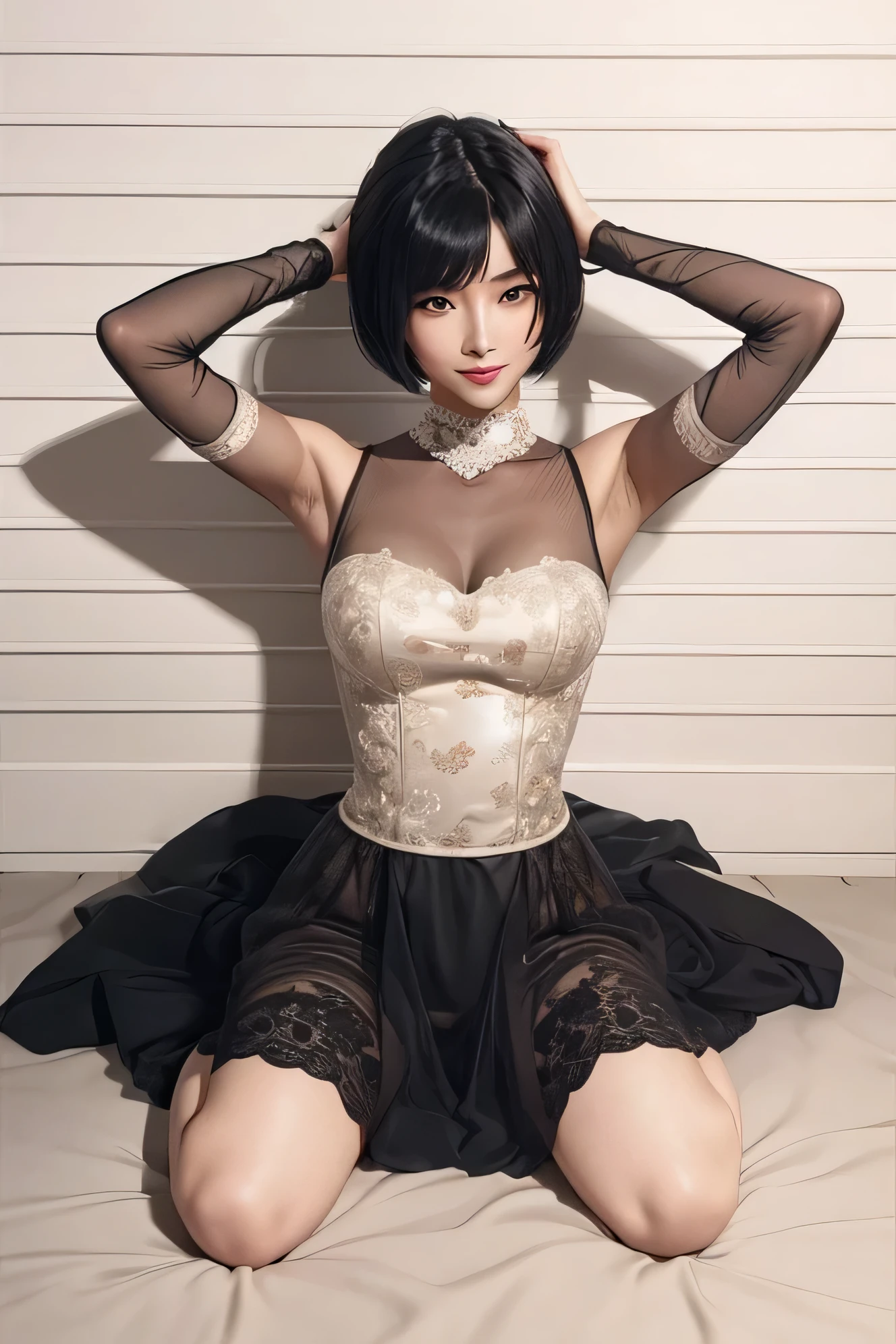 movie portrait photography, 1girl, 13 years old,correct body structure, perfect body, fair skin, pretty face, detailed face, blush, face, maid hair ornament, charming body, slim, wide hips, thin waist, high fork gymnastic suit, black bra, black lace panties, busty with deep, black pantyhose, long legs, no skirt, gray stockings, thigh stockings, standing on bench with squat thighs, full body photo, leg focus, view from behind, back, fair skin, bare shoulder length, Tranquility, Calm, (Realistic Details, Natural Skin Texture, Realistic Face Details), Soft Dramatic Lighting, Fine Details, Surrealism, 35mm Film, 16k, Peony, Roses, Cherry Blossoms, Rainforest, Lots of Flowers, Juice:1.3)