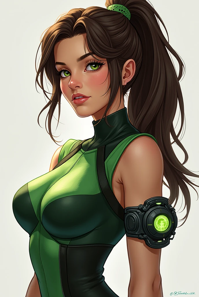 sango, ,brown hair, brown eyes, high ponytail, long hair, medium breasts, AkiraPilotSuit, 'pilot suit', belt, 'black bodysuit' (masterpiece:1.1), (best quality:1.1), 1girl, Real light and shadow, anime face, 4k, 8k, wallpaper,epic, detail texture, (green eyes:1.5), ((((brown hair:1.35 colored inner hair,ear breathing)))),(((brown_eyes:1.3))),intricate eyes,beautiful detailed eyes,symmetrical eyes,big eyes:1.5,(((lustrous skin:1.5,bright skin: 1.5,shiny skin,very shiny skin,shiny body,plastic glitter skin,exaggerated shiny skin,illuminated skin))),(detailed body,(detailed face)), cute,erotic,daring,(dynamic pose:1.0),happy,smile,(centered,scale to fit dimensions,Rule of thirds), (ultra detailed,extremely detailed),(photorealistic artwork:1.37),(extremely detailed CG unity 8k wallpaper),(((vibrant colors,vibrant theme))),(intricate),(masterpiece),(best quality),