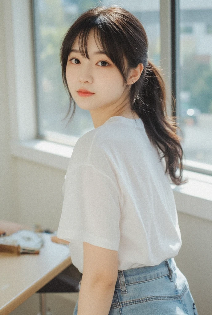 One Japanese beautiful girl、１０age、 elementary school students、Young face、baby face、 miniskirt、 without makeup、 black hair、 ponytail、 white t-shirt、 small breasts、whole body、evening、after school、classroom、 is short、smile、 and turn around