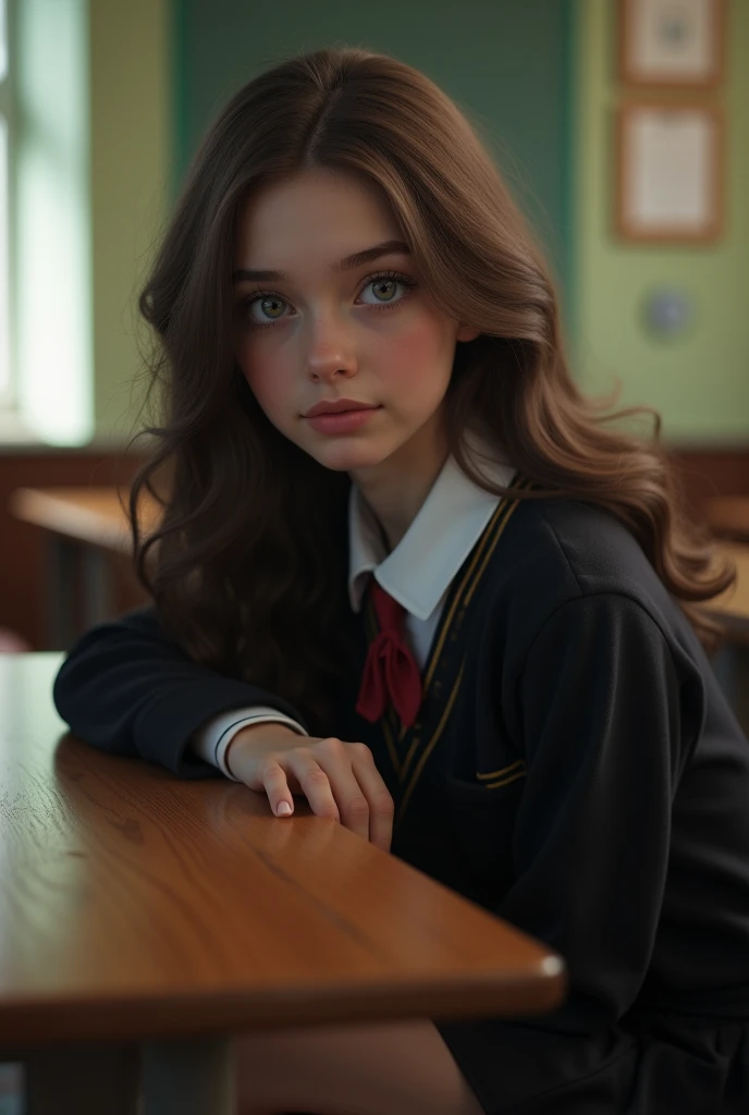 Very pretty 17 year old girl with chestnut brown hair, toffee brown eyes, pale skin, and freckles. Dressed in long-sleeved white button-up shirt and Gryffindor tie. Background of Potions classroom. Realistic detailed lifelike