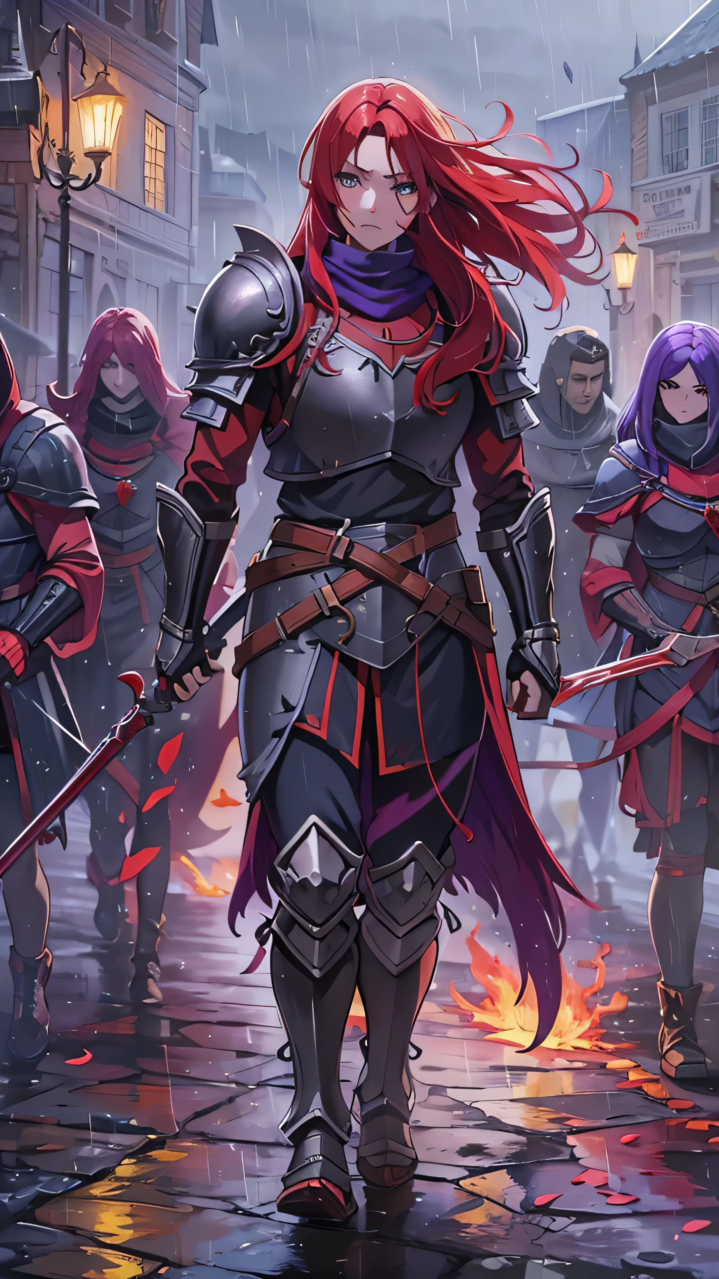 Red Hair, Purple Armor, light bearer warriors, Medieval town,  dark, battlefield, amazing, war,  surrealist , 8k,  super detailed , war, battlefield against demons,  darkness,  horror, rain