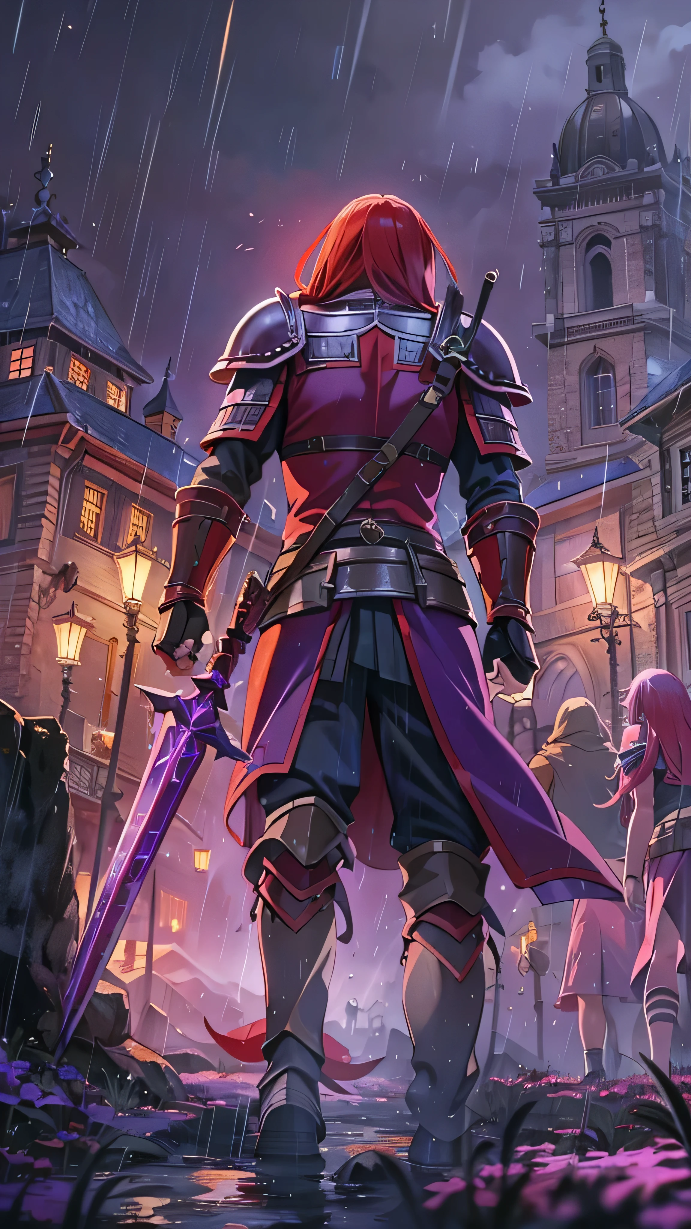 Red Hair, Purple Armor, light bearer warriors, Medieval town,  dark, battlefield, amazing, war,  surrealist , 8k,  super detailed , war, battlefield against demons,  darkness,  horror, rain