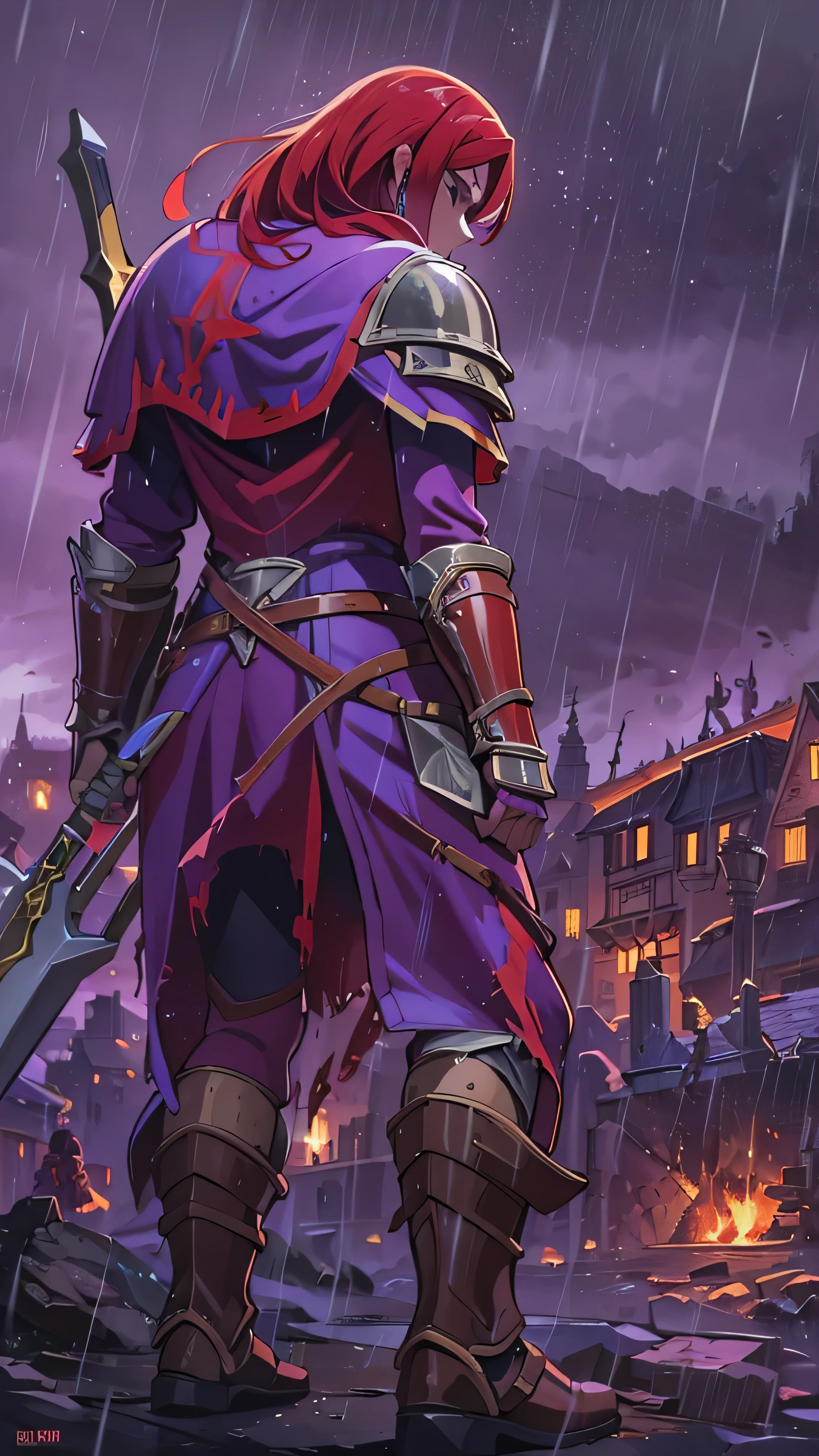 Red Hair, Purple Armor, light bearer warriors, Medieval town,  dark, battlefield, amazing, war,  surrealist , 8k,  super detailed , war, battlefield against demons,  darkness,  horror, rain