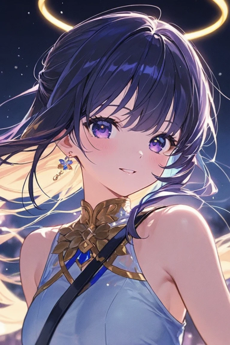 Official Art Illustration, Antique Beauty, Purple Eyes, Lilac Hair, Floating Hair, Delicate Eyes, White Chinese Style Costume, Gorgeous Accessories, Wearing Earrings, Sexy, FOV, F/1.8, Masterpiece, Outdoor Snow, Snowflakes, Blue Butterflies Flying, Side Light, Sunlight on People, 8K, Hazy, Close-up