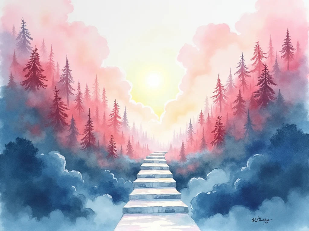 Water Color on paper
White, light pink and light Blue
They are like heaven in the picture have beautiful colorfull forest, waterfall, in the middle of picture have stairs up to sky, cloudy in the picture, sunshine  thurough,Soft Lighting, Romanticism, 