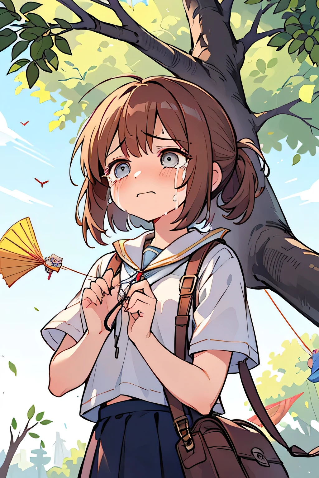  top quality 、 high res、( high image quality:1.2)、masterpiece、 detailed background、( detailed eyes:1.2)、Teenage beauty、 brightly colored hair color 、 braided bob cut 、 ponytail、 On a clear morning of the new year 、(Normal number of fingers:1.4)、
(A girl crying because a kite got caught in a tree branch:1.5)、(Girl flying a kite :1.5)、
 the girl was flying a kite in the square 、 when she was happily flying the kite high in the sky 、 suddenly the wind blew strongly 、 the kite got caught in the tree branch 、 The girl is looking up at the kite caught in the background with a sad expression、 the girl's sorrow still hasn't healed 、 cute