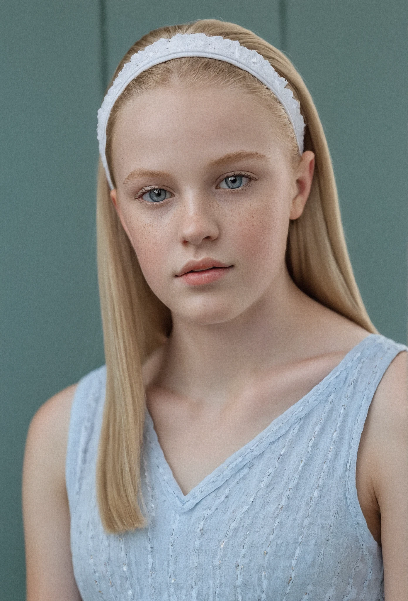 A portrait of an American  girl with Blonde hair and long hair, Andrea wears a white white headband on her head. Andrea wears a light-blue dress and white tennis. Andrea has blue eyes and freckles. Andrea’s skin is pale.