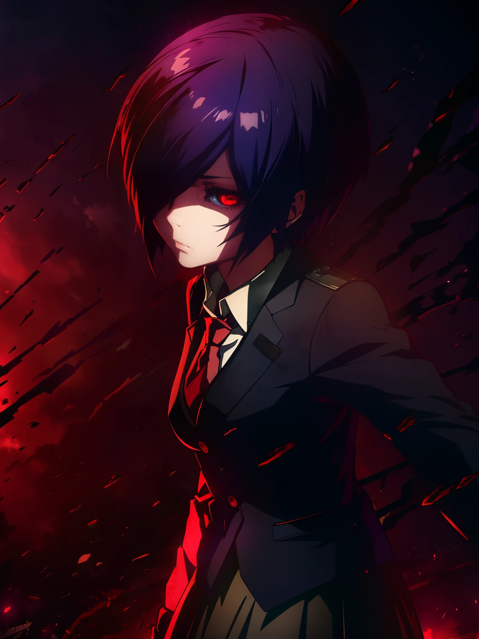 Touka Kirishima, Tokyo Ghoul, Red eyes, The whites of the eyes are black, blue-violet hair, white shirt, necktie, sleeves rolled up, black vest, brown skirt, pantyhose , Angry ghoul features, red wings, bloody background, dark bloody colors, details, bloody background, ghoul eyes, red and black eyes with no white. Red Eyes, Kagune Touka Kirishima, Okaku, Film Grain, Character Design,1girl, purple ,Short Hair, Blue Hair, Angry,