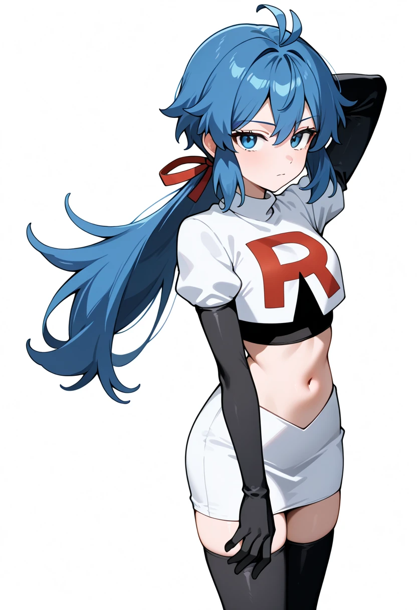 masterpiece, best quality, white background, looking the viewer, 
 1girl, blue hair, blue eyes, hair ribbon, ahoge, long hair, ponytail,  hair between eyes, red ribbon, navel, team rocket,team rocket uniform,white skirt,red letter R,crop top,black thigh-highs,black elbow gloves, cowboy_shot