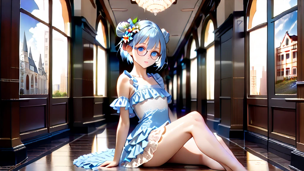 Transparent hair、hime-cut、Golden Eyes、eye glasses、ssmile、early teenage girls、flat chest、Thin pubic hair、Beautiful open legs、bath towels、flower  field