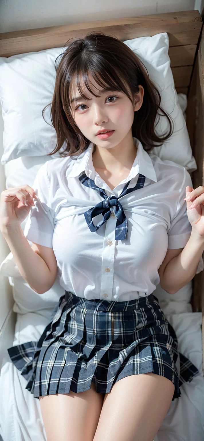 ((1girl)), ((Best Quality)), (Ultra-detailed), (extremely detailed CG unified 8k wallpaper), Highly detailed, High-definition raw color photos, Professional Photography, ((Beautiful big breasts)), Peanut butter brown hair, Amazing face and eyes, Pink eyes, (amazingly beautiful girl), School, (school uniform with open breasts), (See-through panties:1.2), cameltoe, sitting, (legs wide open),