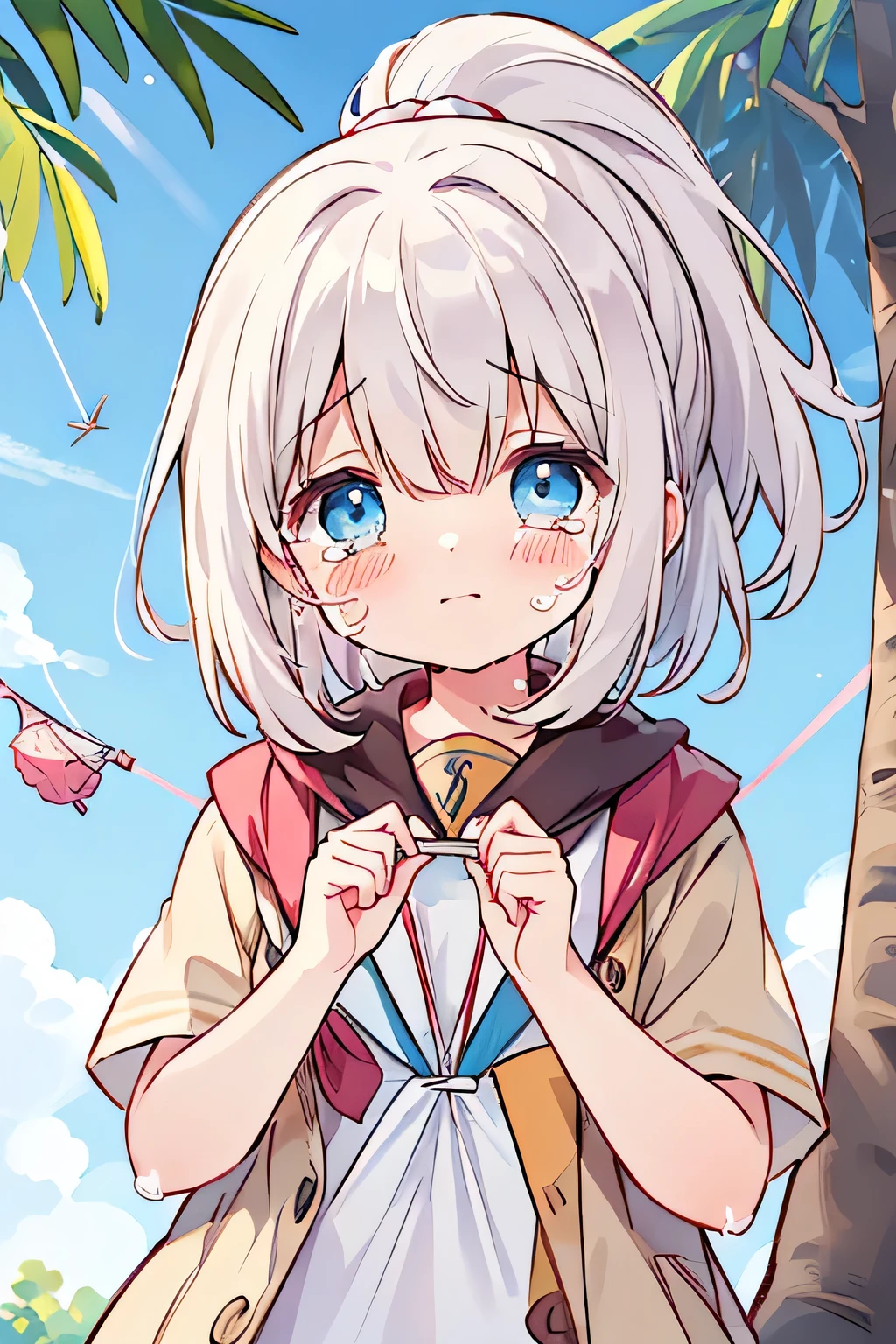 top quality 、 high res、( high image quality:1.2)、masterpiece、 detailed background、( detailed eyes:1.2)、age beauty、 brightly colored hair color 、 braided bob cut 、 ponytail、 On a clear morning of the new year 、(Normal number of fingers:1.2)、
( Girl looking at me while crying :1.5)、(Girl's kite caught in a tree :1.5)、
the girl was flying a kite in the square 、 suddenly the wind blew strongly 、 The kite got caught in a tree branch 、 cute