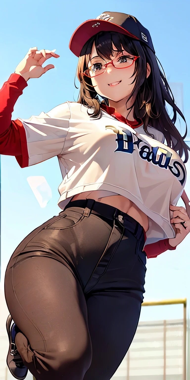 (((running a base:1.5)))、((open a vaginal hole))、(((sloppily drooping gigantic braests:1.5)))、((tight waist:1.2))、(((wear baseball uniform:1.2))、there is a woman with a very large breast posing for a picture, ((wear baseball uniform:1.2))、cute seductive smile, Realistic Young Gravure Idol, goddess of Japan, Beautiful Asian Girl, friendly seductive smile, young and cute girl, girl cute-fine-face, rimless glasses:1.2、(((view from below)))、