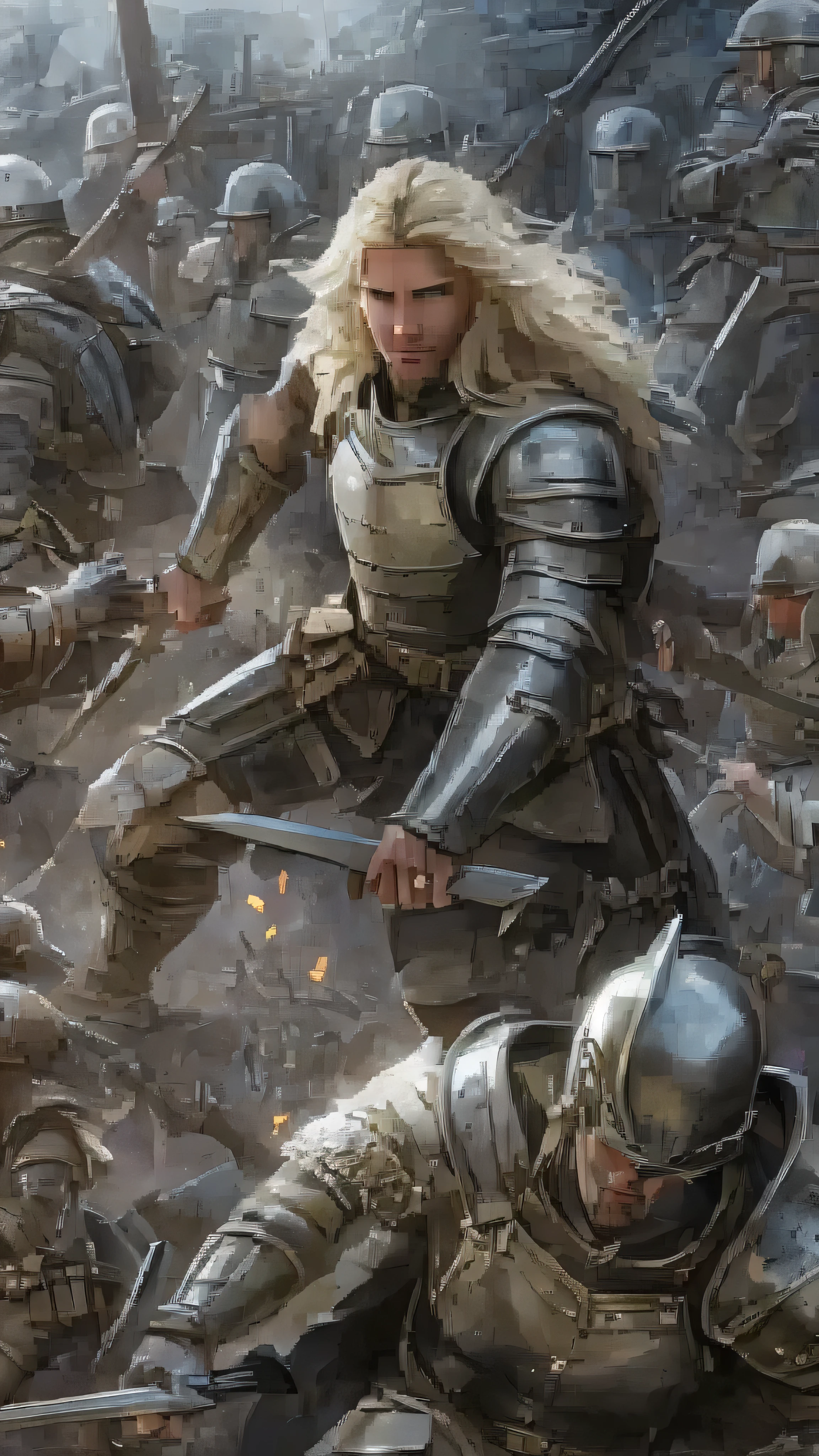  in high-definition images，lion heart、 blond hair, Silver Armor, Fighting Man、light bearer warriors, Medieval town,  dark, battlefield, amazing, war,  surrealist , 8k,  super detailed , war, battlefield against demons,  darkness,  horror,