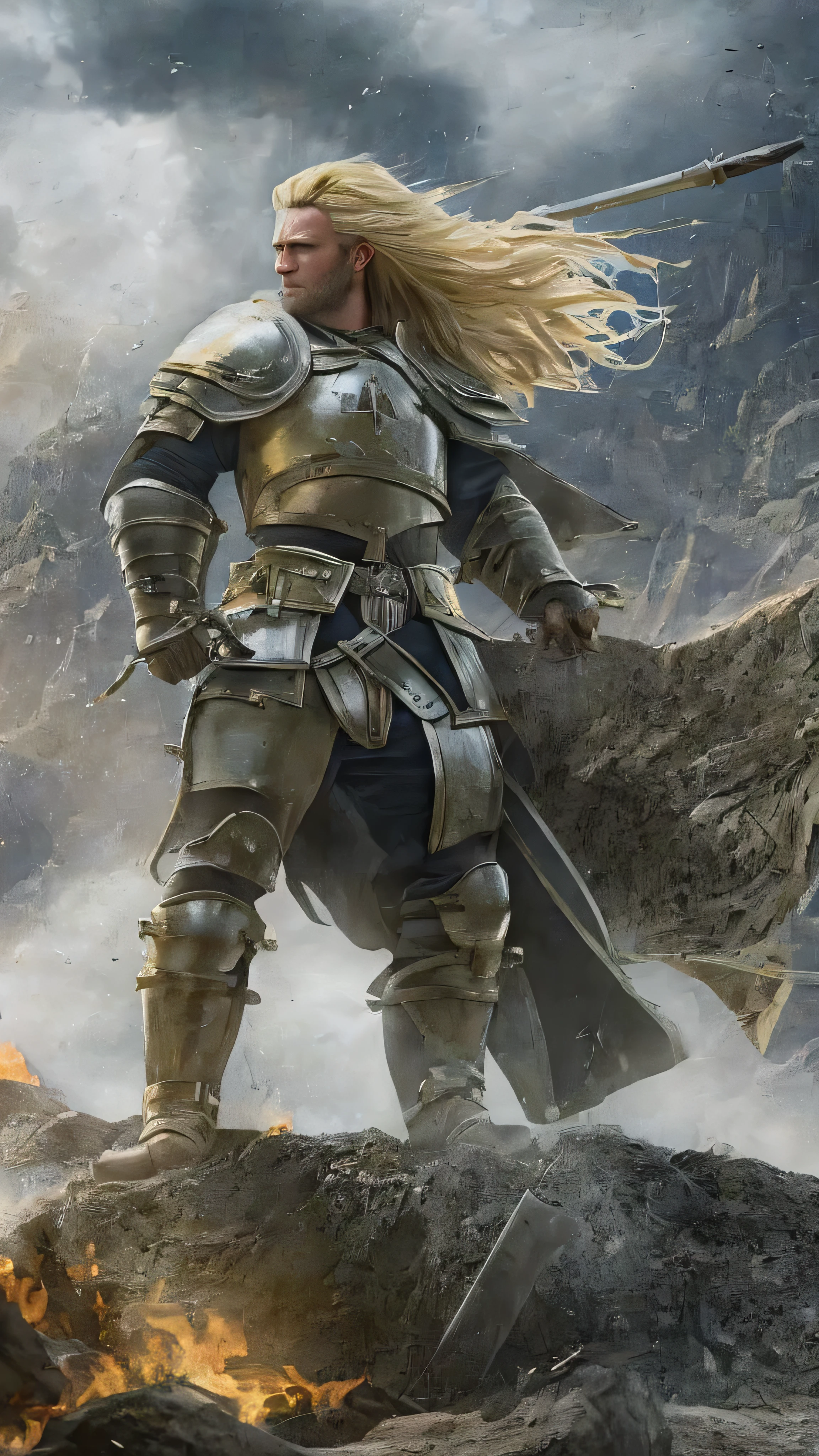  in high-definition images，lion heart、 blond hair, Silver Armor, Fighting Man、light bearer warriors, Medieval town,  dark, battlefield, amazing, war,  surrealist , 8k,  super detailed , war, battlefield against demons,  darkness,  horror,