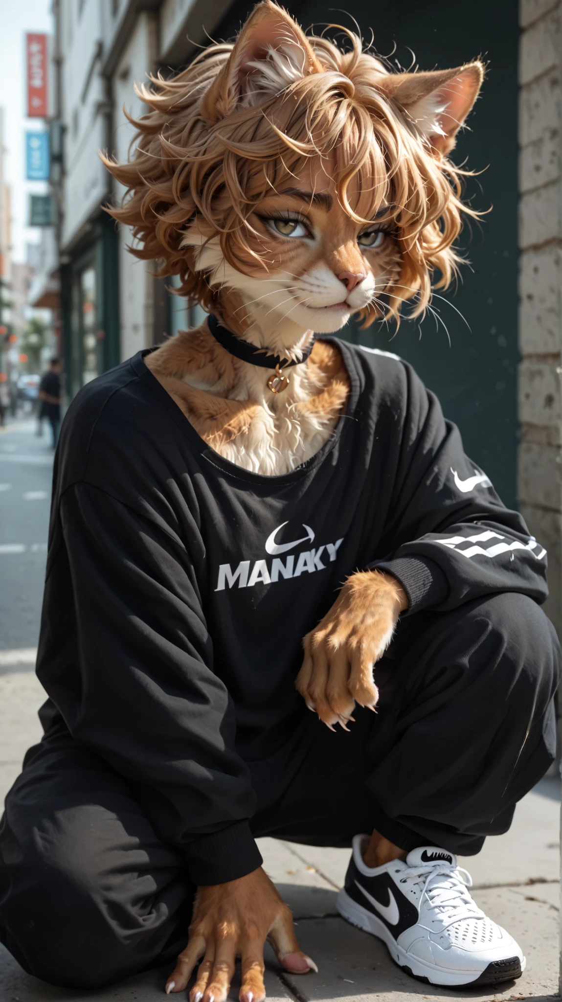 (zPDXL2), (PonyXLV6_Scores), Expressiveh, full body shot, BREAK
lhata4564, d3t41l3d,
Furry, anthro, (Fluffy cat boy:1.35), in Nike clothes with a languid look, \(afro\) hair cut, choker